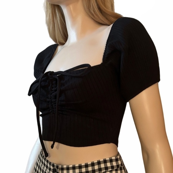 ZARA Ruched Crop Top Tank Puff Sleeve Ribbed Knit Square Neck Blouse Shirred - Picture 7 of 16
